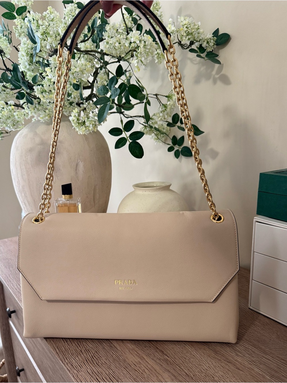 Prada Nude Beige REAL Leather Shoulder Bag with Gold Chain Straps